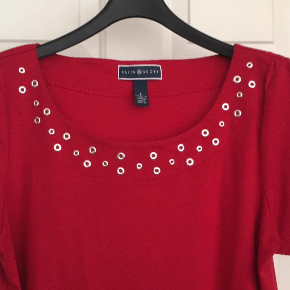 Karen Scott Tee Large Red Short Sleeves Studded Neckline - Picture 3 of 6